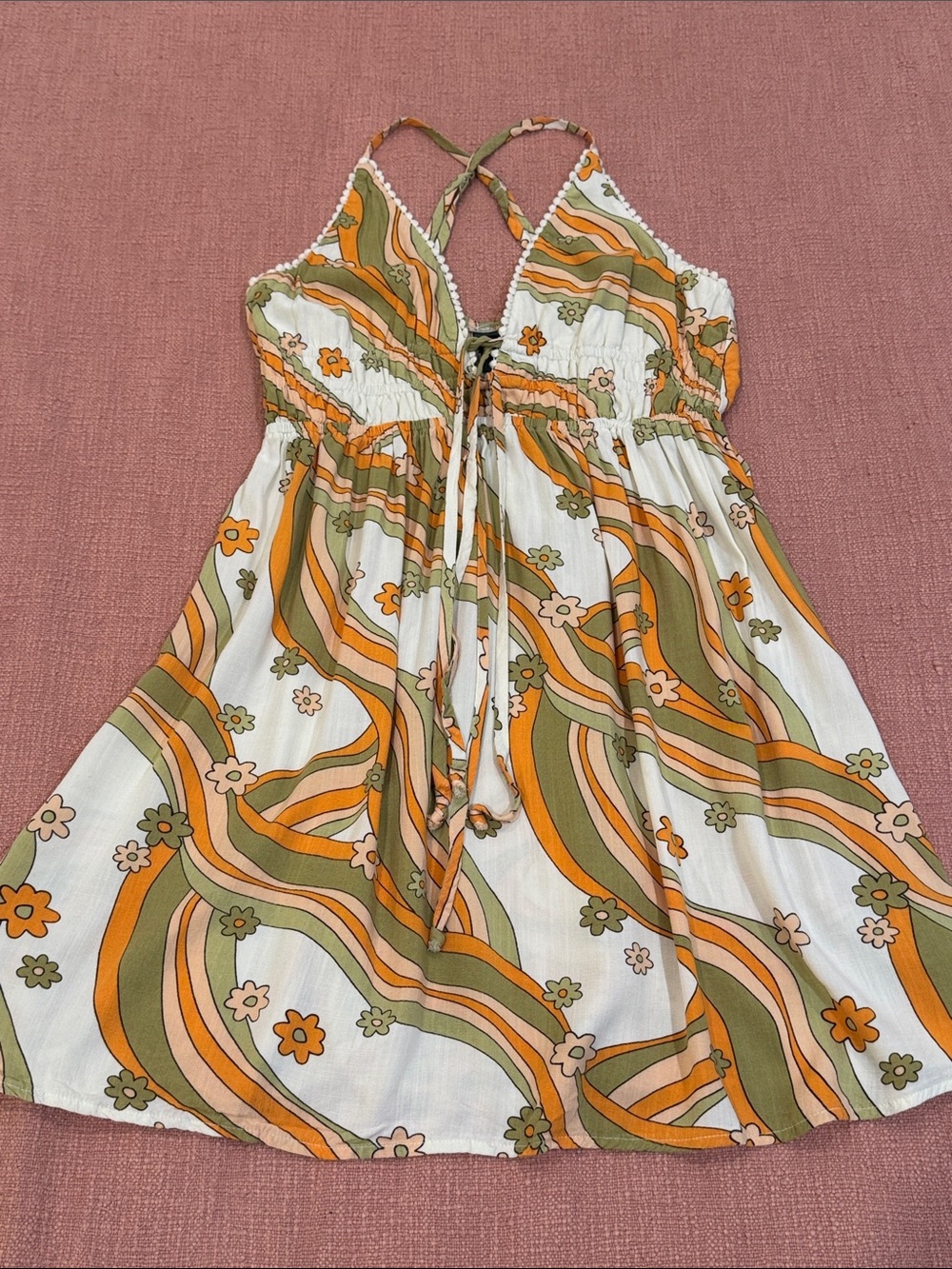 Vintage 70s retro style White Mini Dress flower Power Wave Print w/ front ties